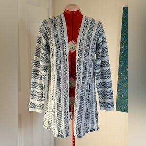 Pendleton Linen Cotton Blend Open Cardigan Duster Blue White Knit Size L–M